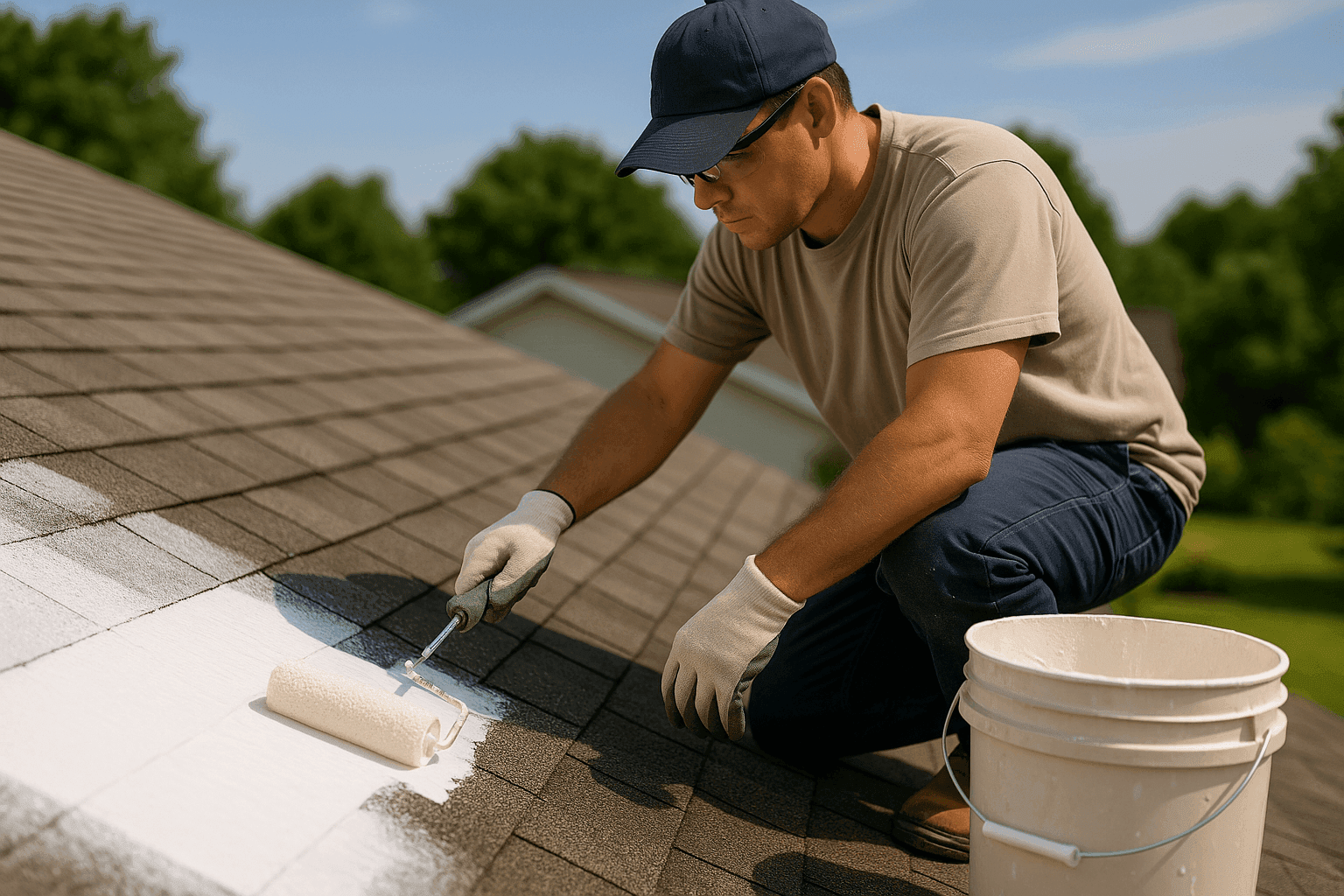 Roofing contractor applying roof sealant with roller on shingle roof