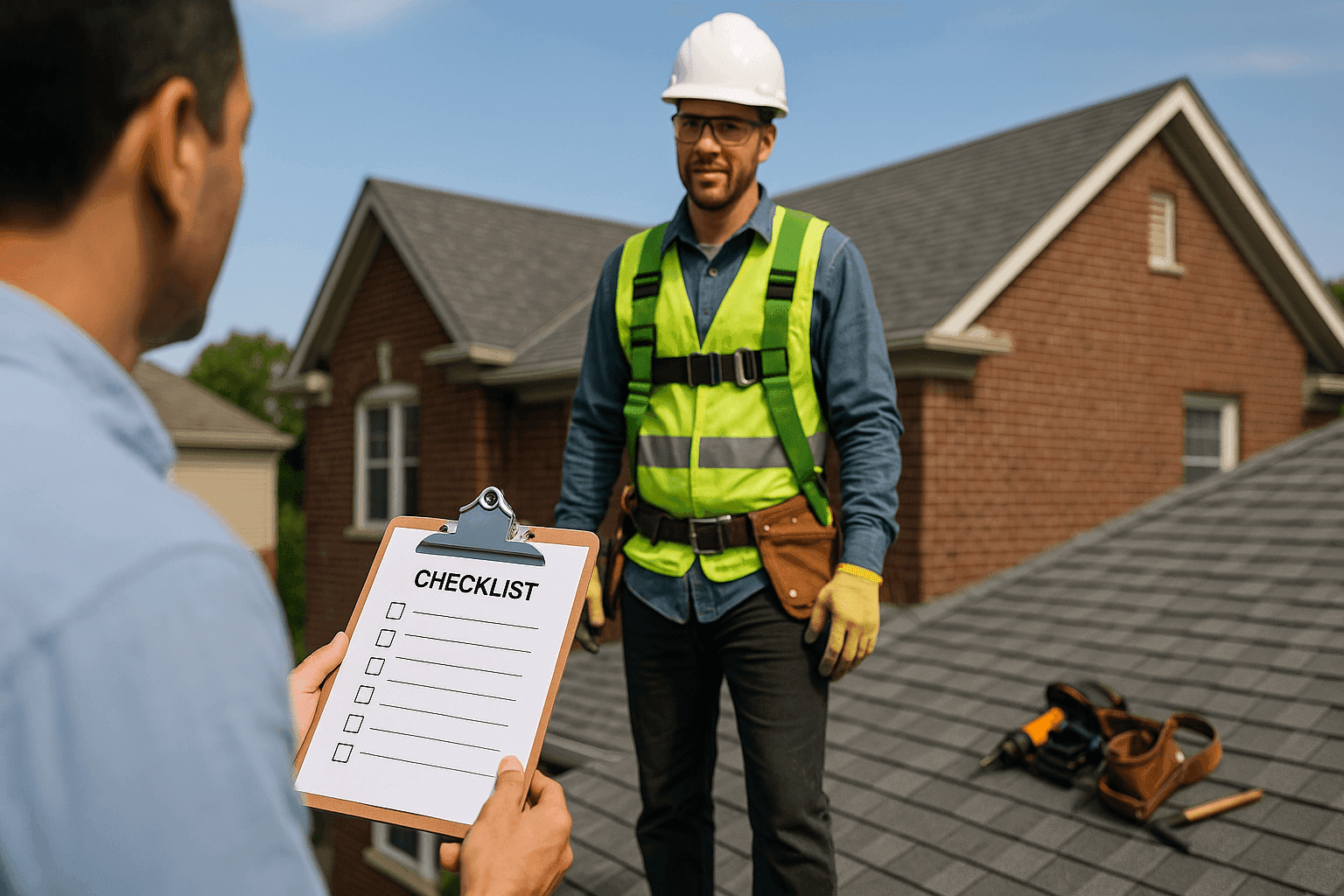 Homeowner interviewing licensed roofing contractor on site