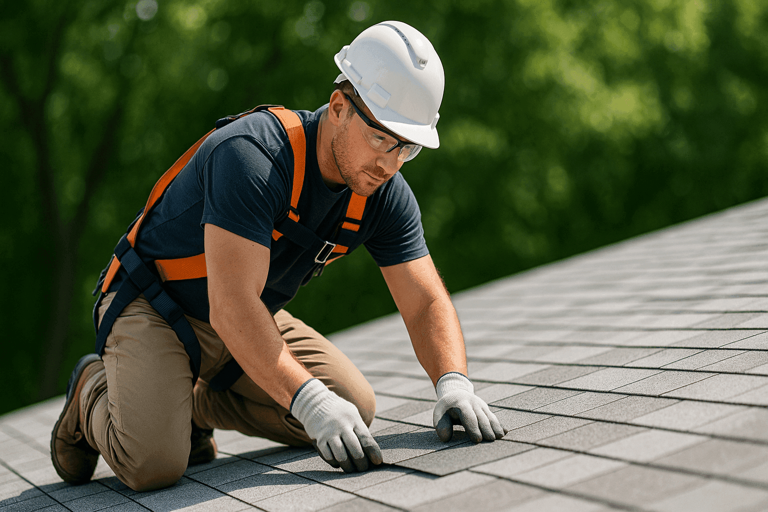 Technician installing solar reflective shingles on residential roof