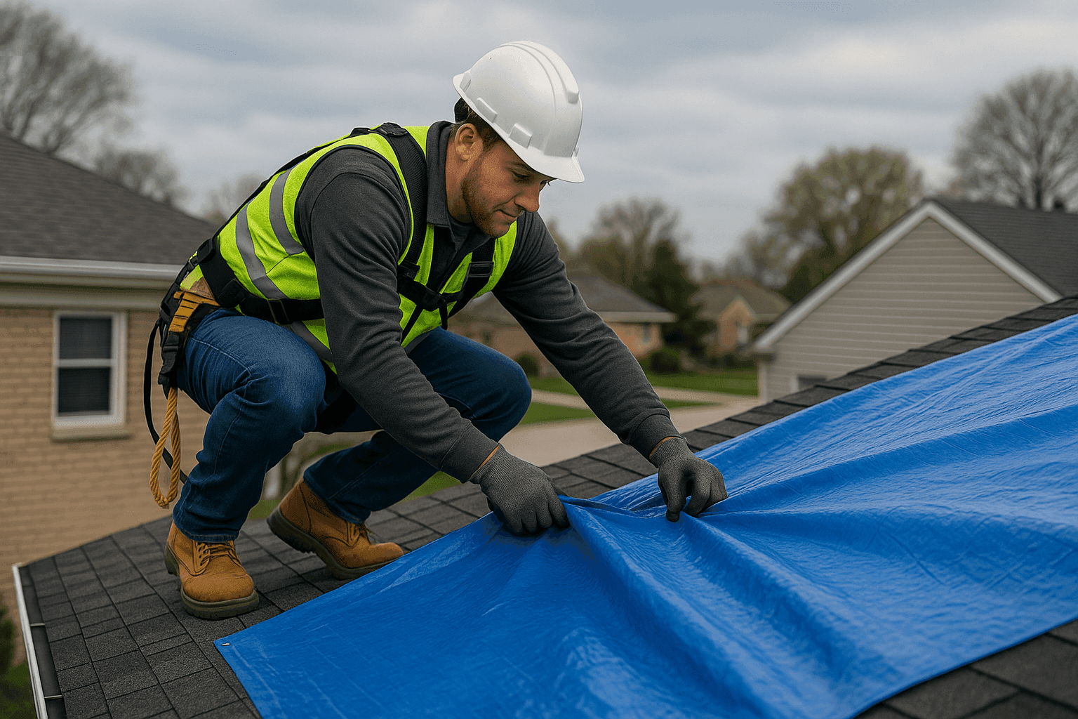 Roofer applying emergency tarp to damaged residential roof after a storm