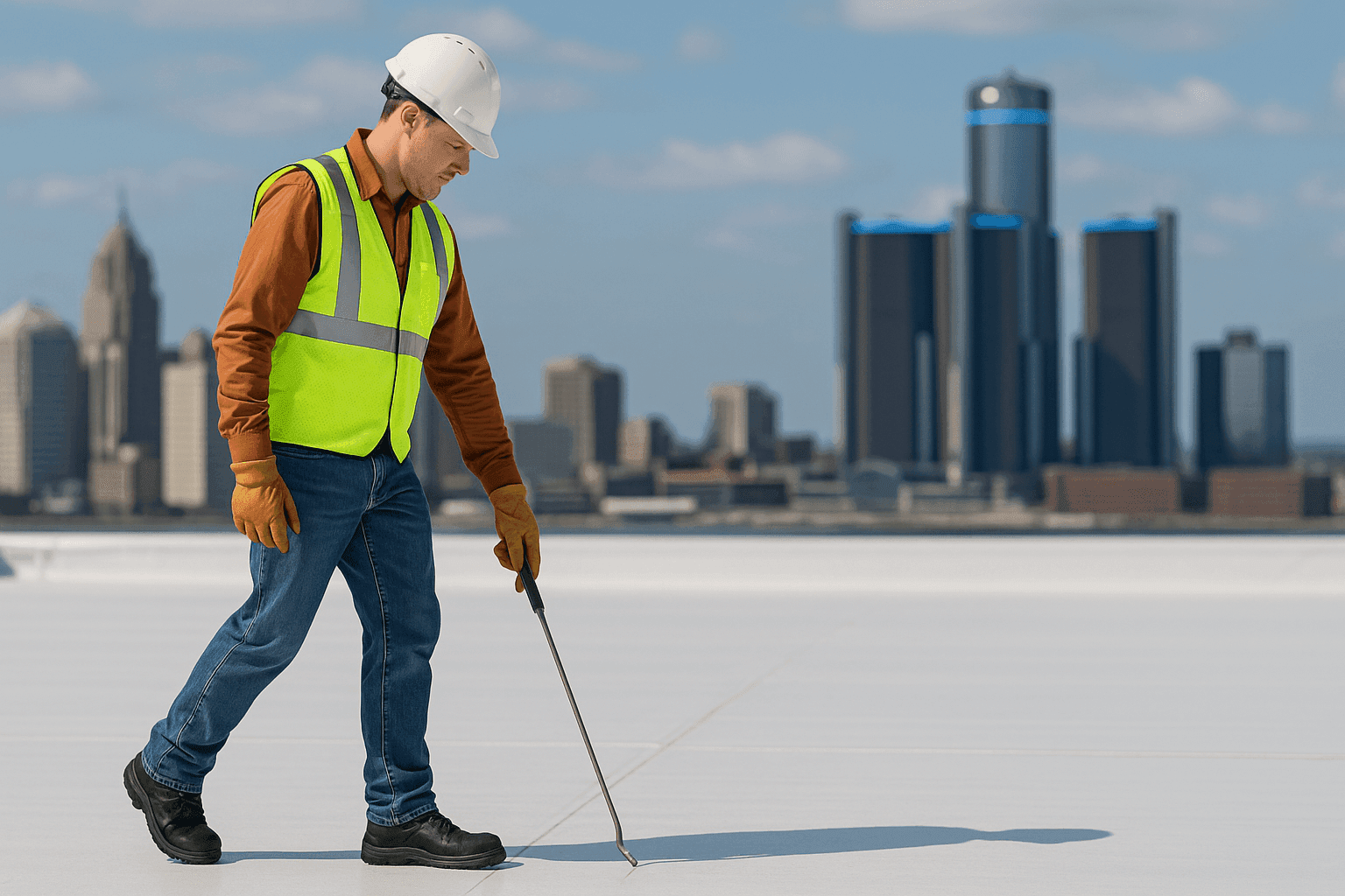 Technician inspecting a commercial flat roof membrane for maintenance