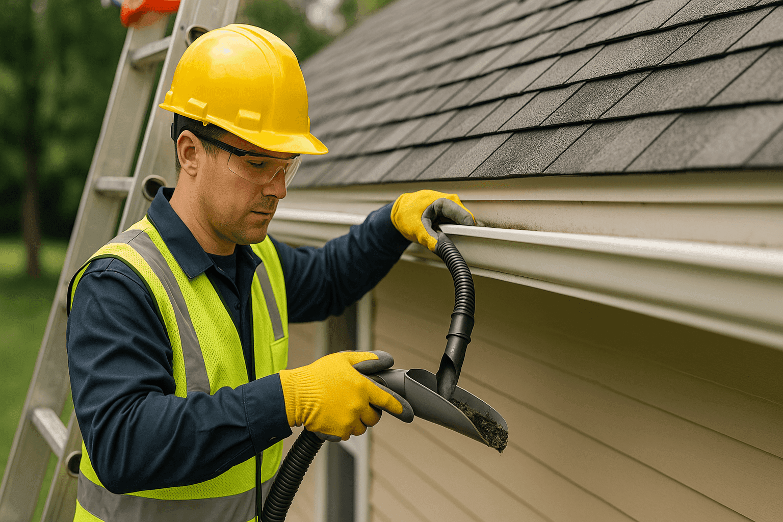Technician cleaning residential gutters with a scoop and hose