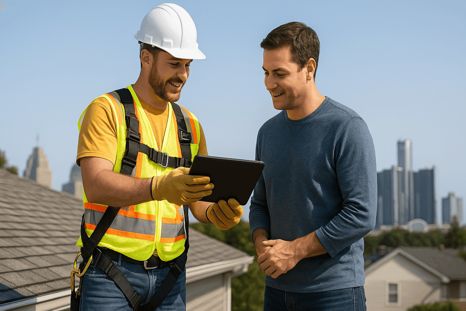 Roofing contractor presenting new roof cost estimate to homeowner on-site
