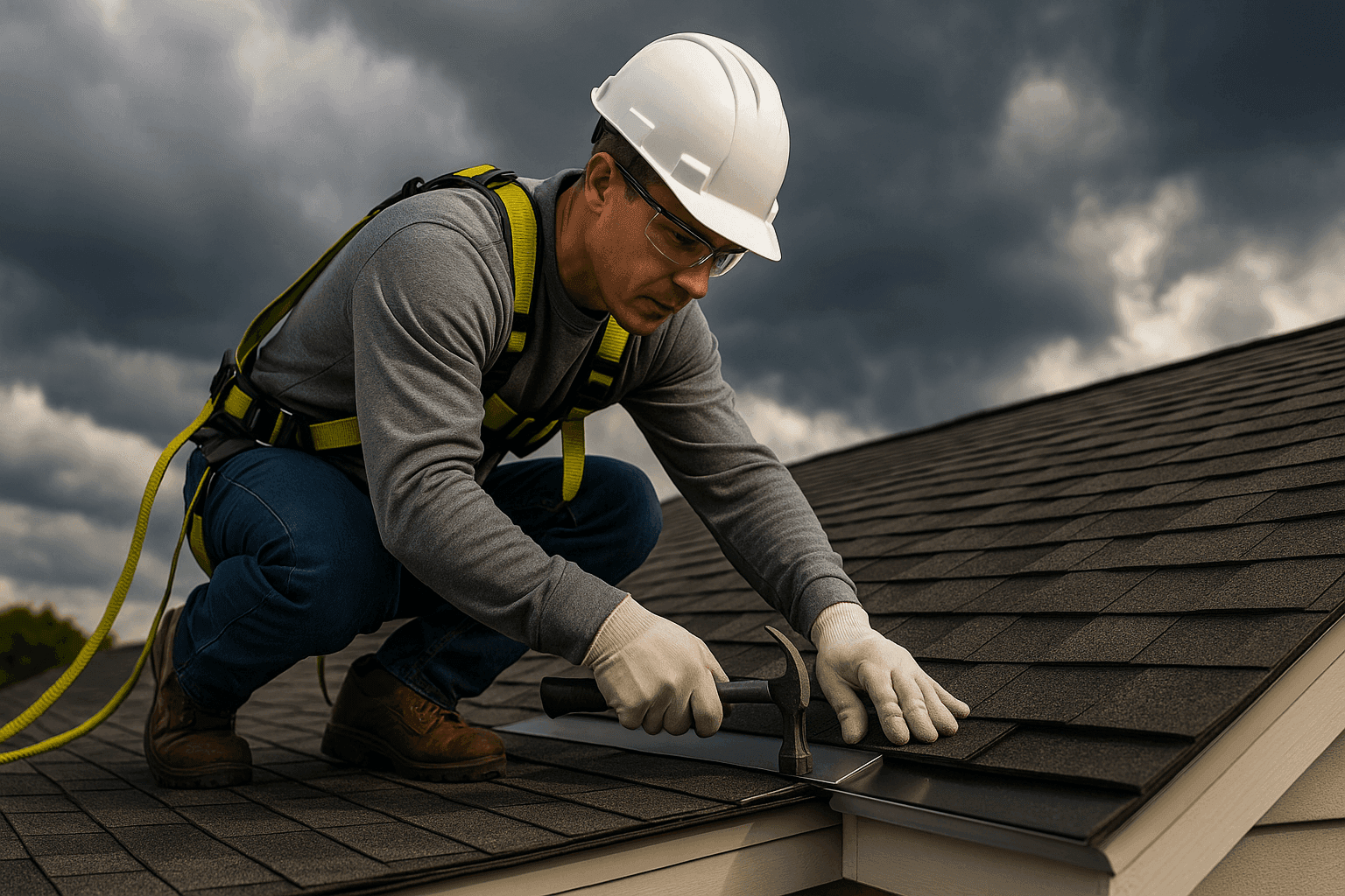 Roofer securing shingles and flashing before a thunderstorm