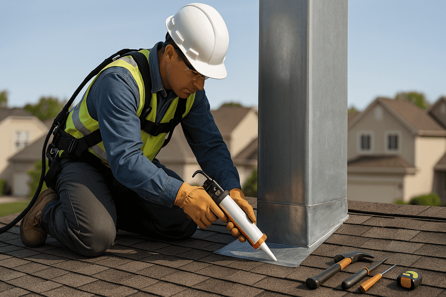 Technician applying sealant to chimney flashing on asphalt shingle roof