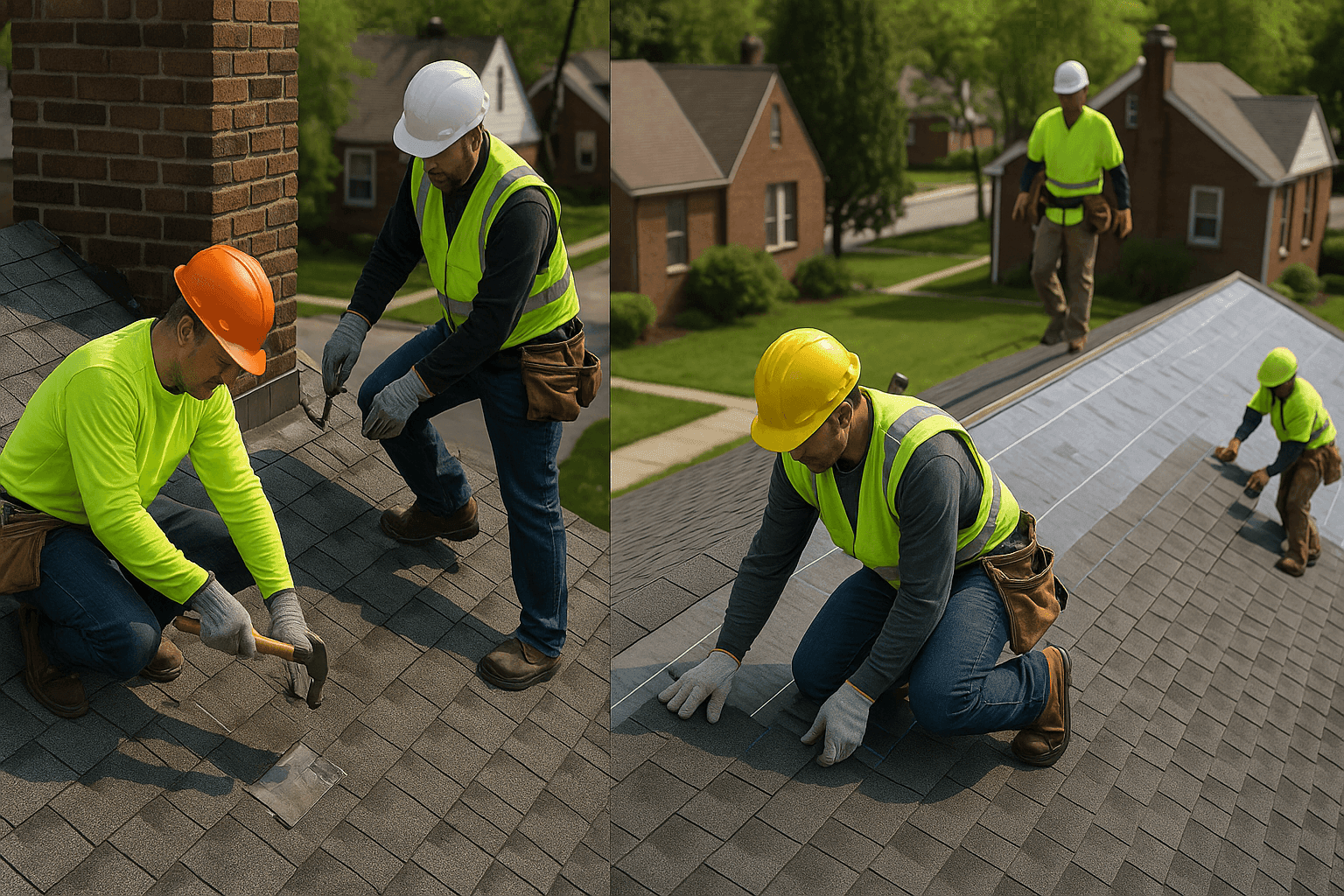Side-by-side view of a residential roof half repaired and half replaced