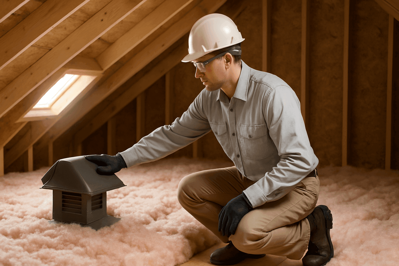 Technician inspecting attic insulation and roof vents
